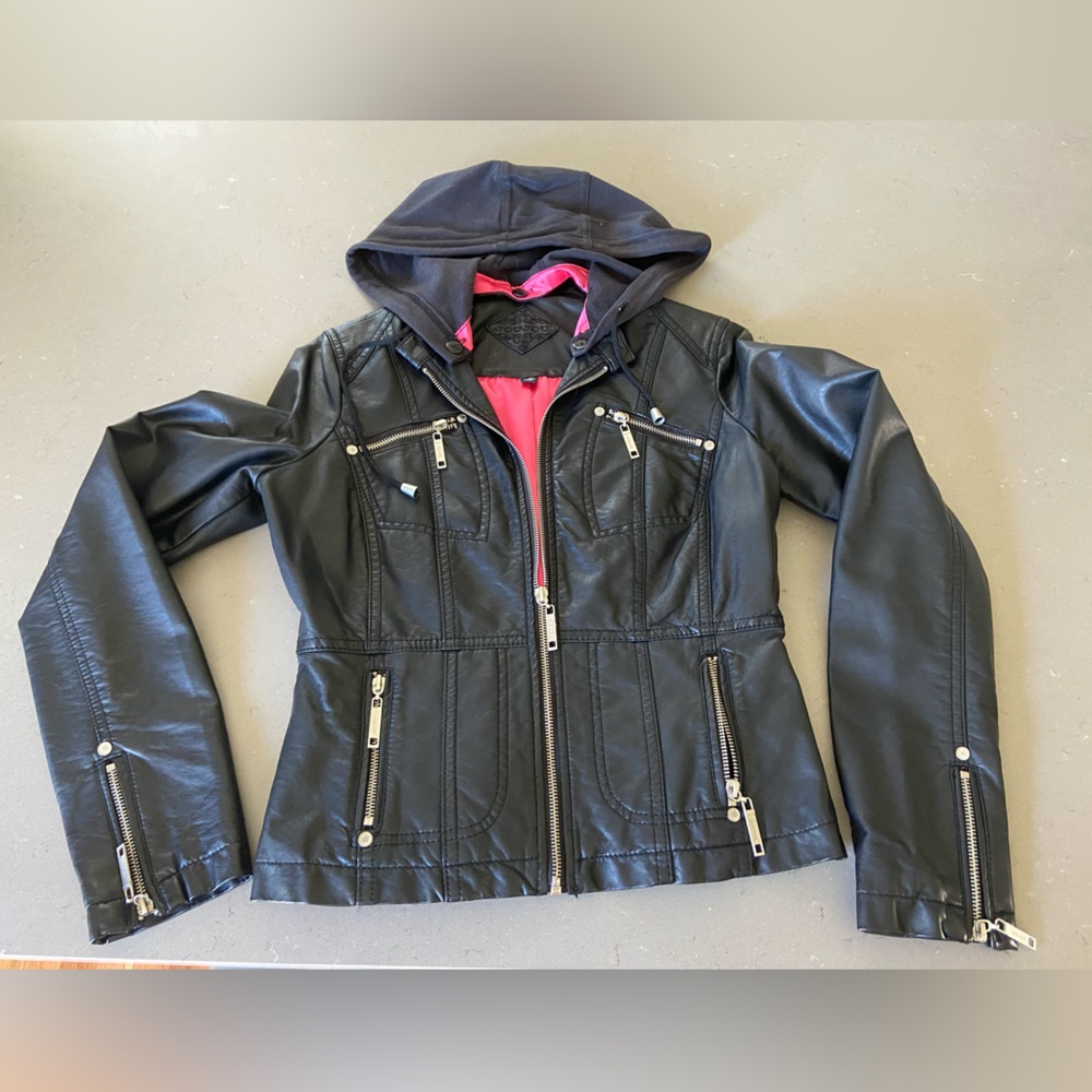JouJou Pleather Jacket with removable hood & pink satin lining